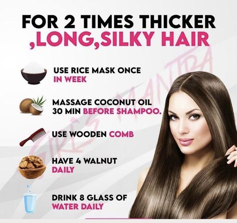 FOR 2 TIMES THICKER LONG, SILKY HAIR Long And Thick Hair Remedies, How To Get Silky Hair Naturally, Silky Hair Remedies, Hair Mask For Thicker Hair, Silky Hair Tips, Long Hair Care Routine, Rice Mask, Homemade Hair Treatments, Thick Hair Remedies