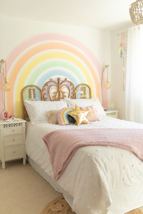 Rainbow Bedroom Ideas For Adults, Rainbow Mural Bedroom, Rainbow Toddler Room Girls Bedroom, Pastel Rainbow Room Kids Girl Bedrooms, Girls Rainbow Room Ideas, Pastel Rainbow Bedroom Ideas Kids, Rainbow Girls Bedroom Ideas, Rainbow Bedroom Girl, Toddler Rainbow Bedroom