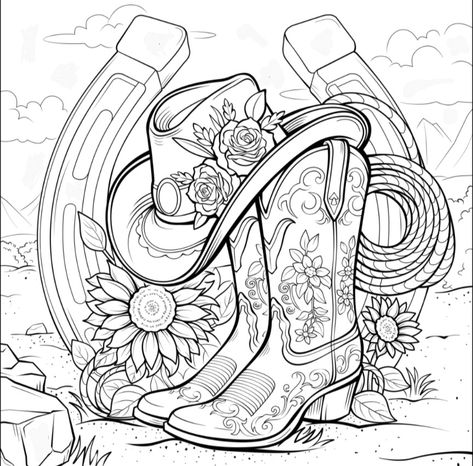 Western Coloring Pages Free Printables, Western Tattoo Designs, Easy Western Drawings, Western Tattoos Ideas, Cowgirl Coloring Pages, Country Coloring Pages, Western Line Art, Western Coloring Pages, Cowboy Drawings