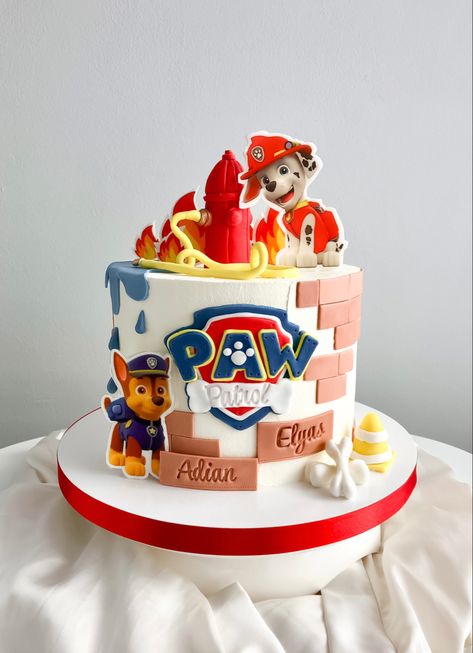 Birthday cake in theme paw patrol for two boys Cake Paw Patrol Boy, Paw Patrol Cake Boy, Rubble Paw Patrol Cake, Paw Patrol Theme Cake, Race Track Cake, Cars Birthday Party Decorations, Rectangle Cake, Rubble Paw Patrol, Paw Patrol Cake