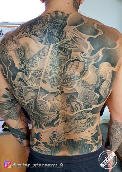 St. George back tattoo St George Tattoos For Men, St George And The Dragon Tattoo, Saint George And The Dragon Tattoo, San Giorgio E Il Drago Tattoo, George And The Dragon Tattoo, Saint George Tattoo, St George Tattoo, Apocalypse Tattoo, Cool Back Tattoos