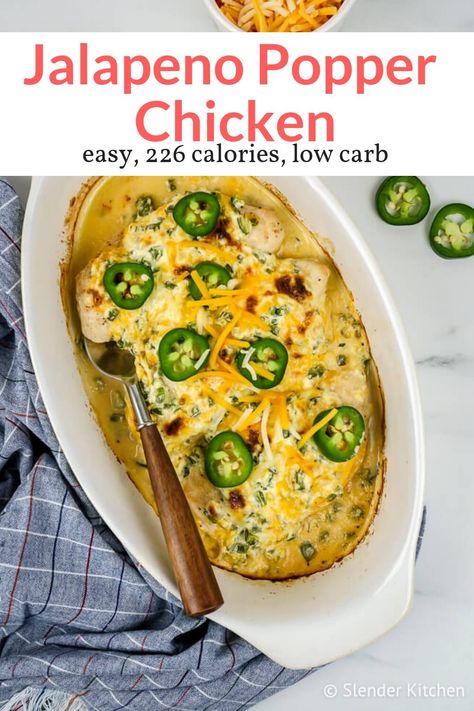 You will not believe that this Jalapeno Popper Chicken only has 226 calories! It's low carb, lightened up, and so so delicious. Super easy to make and always a huge hit! #dinner #quickandeasy Spicy Pasta Recipes, Chicken Jalapeno, Popper Chicken, Jalapeno Popper Chicken, Slender Kitchen, Cheese Cheddar, Jalapeno Popper, Gluten Free Dinner, Jalapeno Poppers