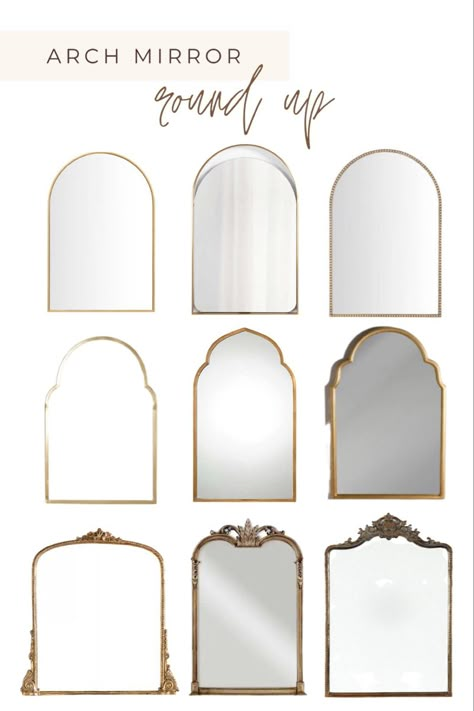 Arch Mirror Vanity Bedroom, Gold Bedroom Mirror, Mirrors For Nursery, Gold Arch Mirror Bathroom, Arch Mirror Decor Living Room, Arch Mirror Decor, French Modern Interior, Bedroom Mirror Ideas, Arch Mirrors