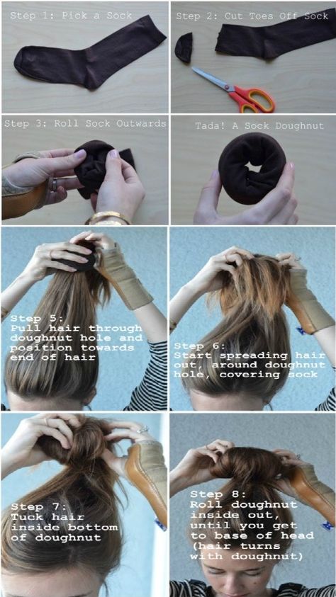 DIY Hair Up-do: How to Fake a Bun. Sock Bun Curls, Bun Curls, Sock Bun Hairstyles, Doughnut Bun, Donut Bun Hairstyles, Sleep Hairstyles, Sock Bun, Step By Step Hairstyles, Hair Images