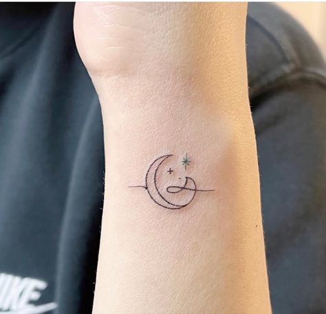 Galaxy Minimalist Tattoo, Moon Tattoos Minimalist, Moon With Initials Tattoo, Luna Tattoo Name, Moon Infinity Tattoo, Moon Earth Tattoo, Small Moon Tattoos For Women, Minimal Tattoo Moon, To The Moon And Back Tattoo