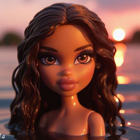 Cartoon Profile Pics Light Skin, Bratz With Curly Hair, Bratz Dolls Aesthetic Curly Hair, Curly Hair Icons Cartoon, Bratz Curly Hair, Curly Hair Bratz, Barbie Curly Hair, Baddie Cartoon Aesthetic Pfp, Brown Hair Up