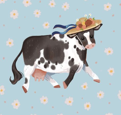 Cottagecore Cow, Cow Illustration, Cow Drawing, Cartoon Cow, Hand Painted Wedding, Farm Art, Baby Cows, Cow Art, Cute Kawaii Drawings