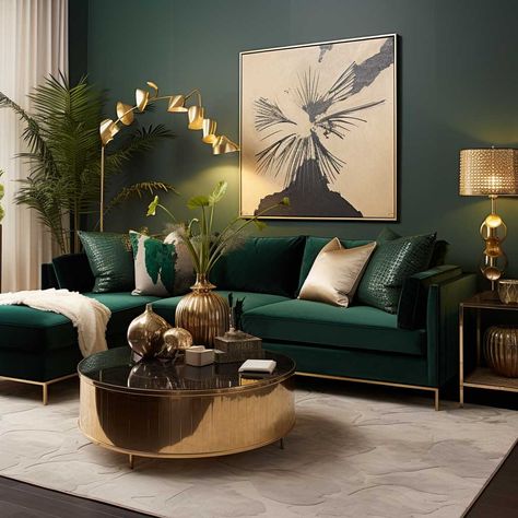 Emerald Sofa, Emerald Green Living Room, Green Sofa Living, Green Couch Living Room, Dark Green Living Room, Green Sofa Living Room, Green Living Room Decor, Velvet Sectional, Gold Living Room