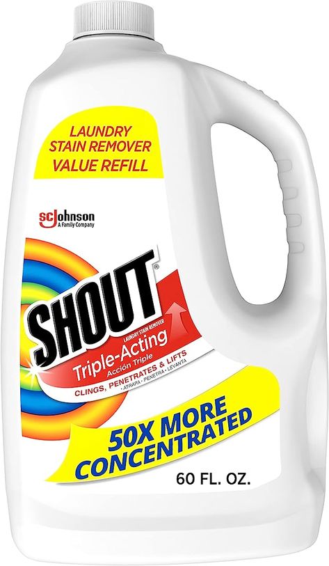 Amazon.com: Shout Active Enzyme Laundry Stain Remover Spray, Triple-Acting Formula Clings, Penetrates, and Lifts 100+ Types of Everyday Stains - Prewash Refill 60oz : Health & Household Stain Remover Spray, Laundry Stain Remover, Laundry Stains, Laundry Supplies, Household Supplies, Clothing Care, Clean Laundry, Stain Remover, Acting