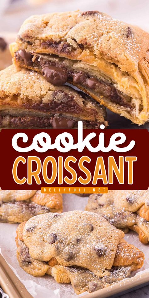 This ultra delicious Cookie Croissant (Le Crookie) recipe has gone viral for good reason! A buttery croissant stuffed with chocolate chip cookie dough then baked for a crisp flaky outside and decadent gooey middle is the combination you’ll be daydreaming about for days. Just 2 ingredients needed. Croissant Cookies Recipe, Cookie Dough Crescent Rolls, Recipes Using Croissant Rolls, Chocolate Chip Crescent Rolls, Cookie Dough Croissant Recipe, Chocolate Chip Cookie Croissant, Stuffed Croissants Dessert, Cookie Croissant Recipe, Cookie Dough Croissant