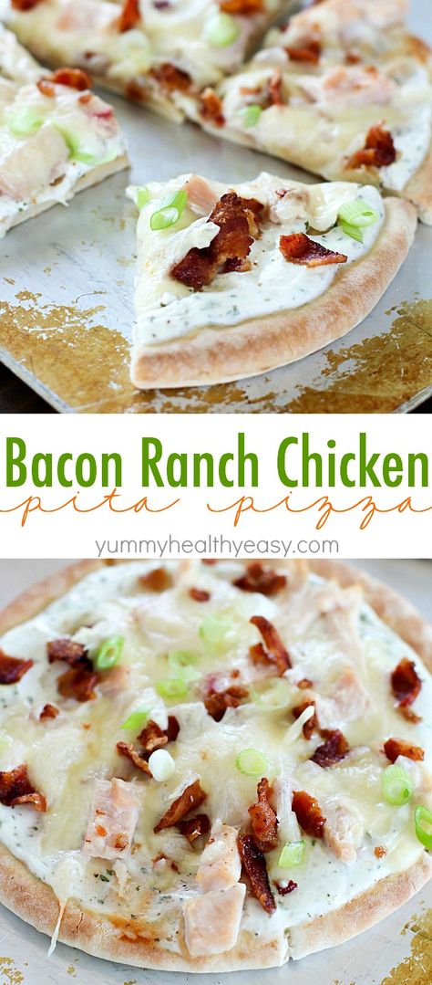 Bacon Ranch Chicken Pita Pizza is topped with ranch dip, chicken, bacon and cheese for a quick and easy lunch, dinner or snack. They have tons of flavor with only a few ingredients and take 30 minutes or less to make! #sponsored #ad Chicken Bacon Ranch Pita, Chicken Pita Pizza, Bacon Ranch Chicken, Pita Pizza, Pita Pizzas, Chicken Pita, Bacon And Cheese, Ranch Dip, Chicken Bacon Ranch