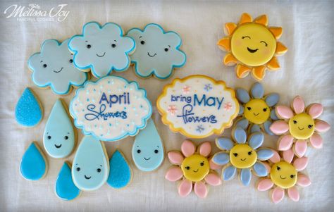 April Showers Bring May Flowers-Spring Cookies by Melissa Joy May Flowers Baby Shower Theme, April Showers Baby Shower Theme, Flowers Baby Shower Theme, School Silent Auction, Nicu Photography, Rain Baby Showers, Sierra Mist, April Baby Shower, Cookie Bouquets