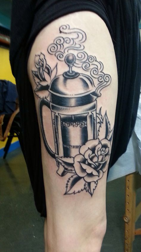 French press tattoo. Gorgeous artwork French Press Tattoo, Coffee Tattoo, Coffee Tattoos, French Press Coffee, Coffee And Books, French Press, Flash Tattoo, Simply Beautiful, Traditional Tattoo