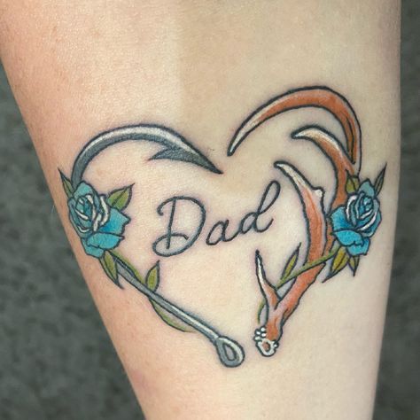 Fishing Hook And Deer Antler Tattoo, John Deer Tattoo Ideas, Fish Hook And Antler Tattoo Heart, Hunter Memorial Tattoo, Memorial Fish Tattoos, Memorial Tattoo Ideas For Uncle, Antler And Fish Hook Tattoo, Fish Hook And Deer Antler Tattoo, Remeberance Tattoos Dad