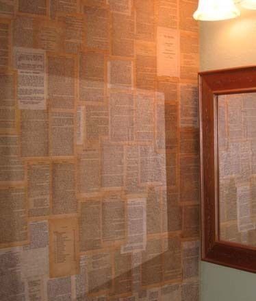 She decoupaged her bathroom wall with pages from The Hobbit. Wall Covered In Book Pages, Pages On Wall, Book Pages On Wall, Decoupage Walls, Book Paper Wall, Book Page Wallpaper, Cottage Transformation, Page Wallpaper, How To Make Wallpaper