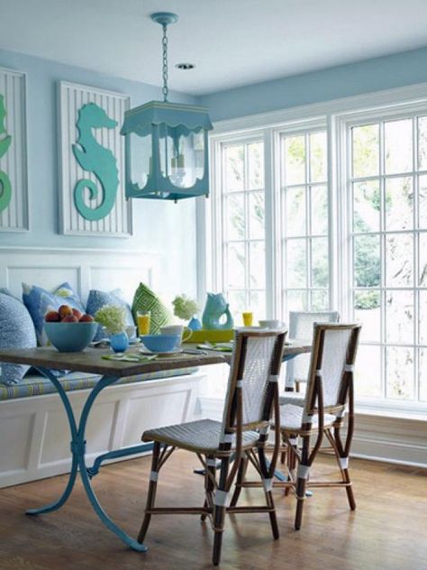 Got an old kitchen table that's just not doing it for you anymore? Don't trash it – paint it. We've got tons of ideas for styles and colors, and a few how-to tips to lead you to the painted kitchen table of your dreams. Coastal Inspired Kitchens, Painted Kitchen Tables, Chic Beach House, Coastal Kitchen Design, Coastal Dining Room, Industrial Diy, Coastal Dining, Beach House Interior Design, Dining Room Blue