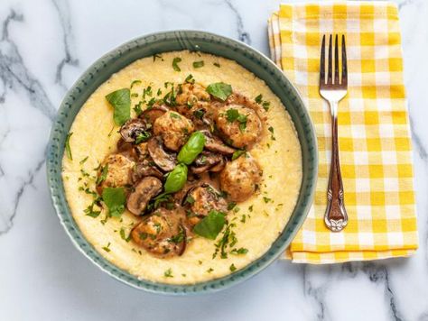 Chicken Meatball Polenta Bowls Recipe | Ree Drummond | Food Network Chicken Meatball Polenta Bowl, Meatball And Polenta Casserole, Meatball And Polenta, Braiser Recipes, Polenta Bowls, Polenta Casserole, Bowl Dinners, Food Network Recipes Pioneer Woman, Chicken Meatball