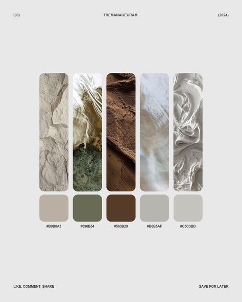 Neutral Texture Mood-Board Color Palette Presentation Mood Board, Color Palette Instagram Post, Instagram Posts Color Palette, Cmf Design Moodboard, Cool Color Palette Colour Schemes, Graphic Design Agency Social Media Posts, Social Media Color Schemes, Color Palette Social Media, Med Spa Color Palette