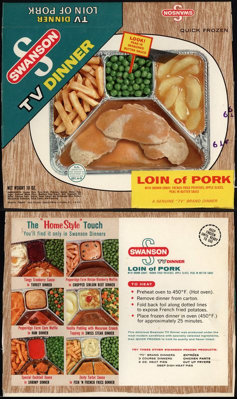 Swanson Tv Dinner, Loin Of Pork, Turkey Dressing, Dinner Box, Brady Bunch, Tv Dinner, Salisbury Steak, Cucumber Recipes, Vintage Food