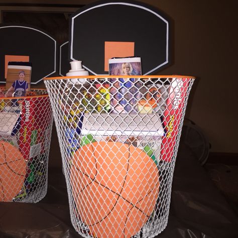 Basketball Basket, basket is the dollar tree , painted the rim orange , personalized candy came from Kentucky kandy kitchen , then filled it full of goodies Basketball Easter Basket, Sports Easter Basket, Basketball Centerpieces, Basketball Treats, Basketball Senior Night, Creative Easter Baskets, Basketball Basket, Basketball Birthday Parties, Senior Night Gifts