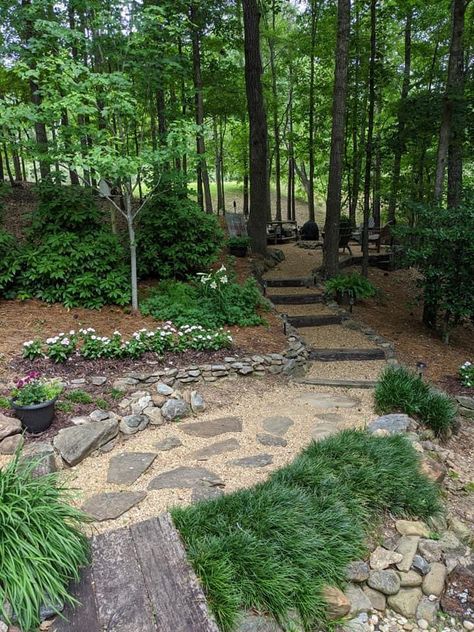 Large Yard Landscaping Ideas, Wooded Backyard Landscape, Large Yard Landscaping, Landscaping Design Ideas, Wooded Landscaping, Sloped Backyard, Large Yard, Forest Garden, Yard Landscaping Ideas