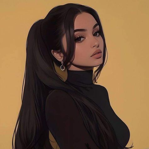 Bookcovers Ideas, Best Discord Pfp, Aesthetic Woman Illustration, Youtube Profile Pictures, Black Hair Drawing, Profile Pictures Aesthetic, Wattpad Icon, Disney Art Style, Pfps Icons