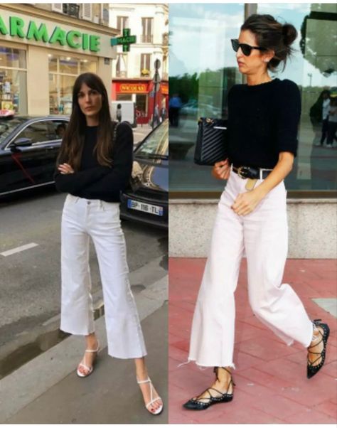 White Culottes Outfit, Culottes Outfit Summer, White Wide Leg Jeans Outfit, White Pants Summer, Black And White Inspiration, Culottes Outfit, White Wide Leg Jeans, Wide Leg Jeans Outfit, White Inspiration