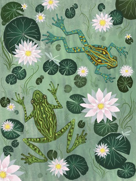 Green Leaf Art, Frog Pond Painting, Pond Themed Bathroom, Pond Nursery Theme, Pond Bathroom, Lilypad Drawing, Jasper Aesthetic, Pond Mural, Lily Pad Lake