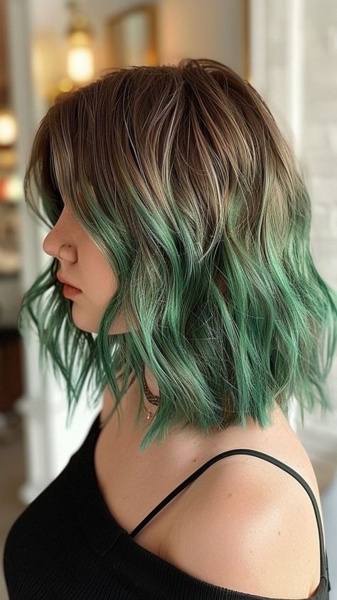 Good Colors For Brown Hair, Green Bayalage Hair Brunettes, Brown To Green Hair, Brown Hair With Green Tips, Brown To Green Ombre Hair, Green Tips Hair, Brown Hair With Colored Tips, Shag Haircut Short Hair, Brown Hair With Green Highlights