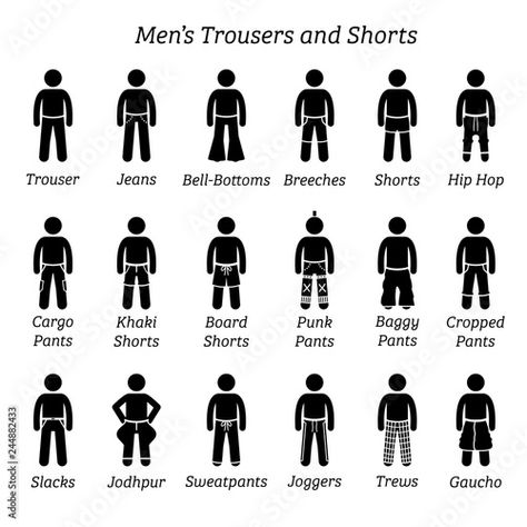 Stock Image: Men trousers, pant and shorts. Stick figures depict a set of different types of trousers, pants, and shorts. This fashion clothings design are wear by men or male. Baggy Slacks, Types Of Trousers, Male Trousers, Types Of Shorts, Pants Outfit Men, Clothing Design Sketches, Fashion Vocabulary, Jeans Cargo, Men Trousers