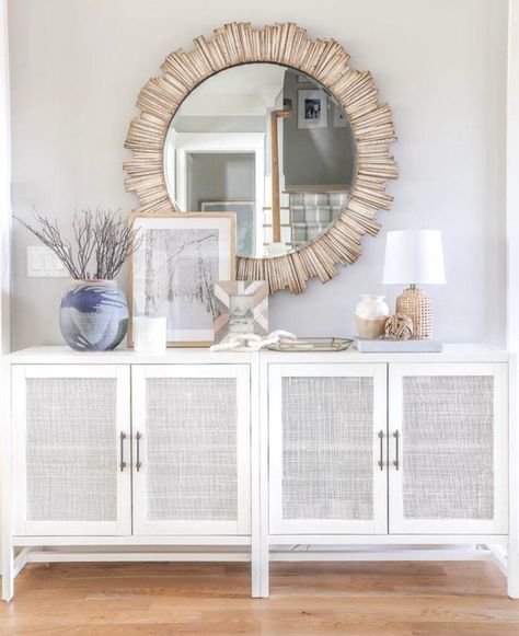 Coastal Sideboard Decor, Entryway Table Storage Ideas, Entryway Console Table With Storage, Entryway Console With Storage, Coastal Console Table Decor, Coastal Sideboard, Coastal Entryway Ideas, Coastal Foyer, Summer Apartment