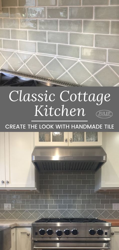 Classic Cottage Kitchen - Create the Look with Handmade Tile! This warm and inviting kitchen blends white cabinets with a green crackle subway tile backsplash. To add interest, a custom precut border was installed along the countertops. The butcher block countertop and glass door cabinets complete this cozy cottage look. | #CottageKitchen #KitchenInspiration #KitchenDesign #KitchenTile Glass Door Cabinets Kitchen, Handmade Subway Tile, Old French Doors, Green Front Doors, Classic Cottage, Doors Repurposed, Butcher Block Countertops, Glass Cabinet Doors, Classic Kitchens