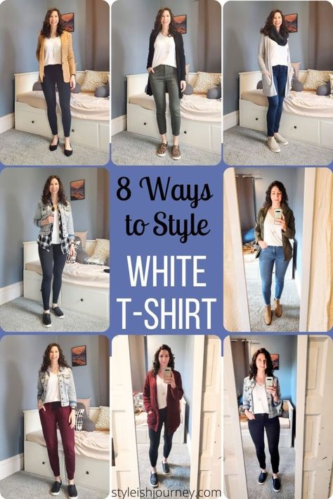 How to wear a plain white t-shirt. 8 different outfit ideas with a white tee. A white t-shirt can be the base for a jeans and t-shirt outfit for a casual outfit aesthetic or paired with a blazer for an easy business casual look. White Tshirt Work Outfit Women, White Tee Shirt Outfit, White Tshirt And Jeans, Casual Outfit Aesthetic, White Tees Outfit, White Tshirt Outfit, Jeans And T Shirt Outfit, Plain White T's, Womens Fashions