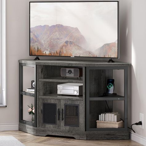 Corner TV Stand for TVs up to 55 Inch with Power Outlet, Modern Farmhouse Entertainment Center, Wood TV Media Console with Storage Cabinets Shelves Farmhouse Corner Tv Stand, Tv Media Console, Farmhouse Entertainment Center, Tv Stand Shelves, Console Shelf, Farmhouse Tv Stand, Corner Tv Stand, Corner Tv, Mesh Door