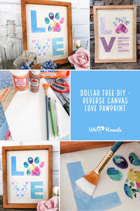 We had a great time makin’ this Dollar Tree doggie DIY. It's the perfect way to turn a tiny budget into gorgeous, expensive-looking doggie decor.🐶💗 Interested in making your own? Check out the https://wehearthounds.com/reverse-canvas-love Interested in more dog-inspired crafts? Join our newsletter and never miss a thing... https://offer.wehearthounds.com/mainoptin 💌 Sign up today! #dollartreediy #dollartreecraft #dogmom Dog Themed Crafts To Sell, Diy Dog Decor, Crafts With Dogs, Dog Art Projects, Dog Themed Crafts, Pet Memorial Diy, Crafts 2024, Paw Art, Doggie Daycare