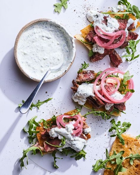 Summer is in full swing and I made you these insanely delish Open Face Steak Sandwiches with Chimi Labneh with @beefandlambnz and let me just say… YOU’RE WELCOME! Open Face Sandwich, Special Sauce Recipe, Chicken Larb, Labneh Recipe, Toasted Crostini, Steak Sandwiches, Whats Gaby Cooking, Cheeseburger Sliders, Ny Strip Steak