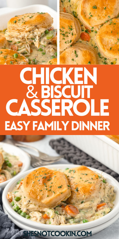 Chicken casserole recipe on a white plate. Easy Chicken Biscuit Recipes, Chicken On A Biscuit Recipe, Best Chicken And Biscuits Recipe, Instant Pot Chicken And Biscuits Recipe, Chicken And Gravy Over Biscuits, Chicken And Biscuits Casserole Recipes, Easy Chicken Pot Pie Casserole Biscuits, Shredded Chicken Biscuit Recipes, Chicken And Biscuit Casserole Pillsbury