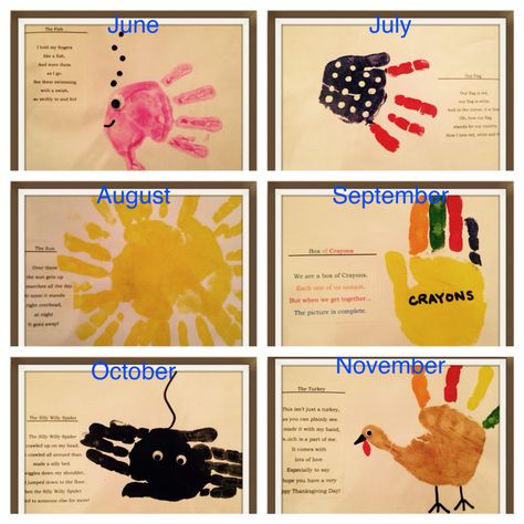 Each month has a poem to go with the handprint. Handprint Art For September, Months Of The Year Handprints, Monthly Handprint Book, Handprint Calendar Poems, Calendar Handprint Ideas, Monthly Handprint Calendar, Monthly Handprints Preschool, August Handprint Crafts, Month Handprints