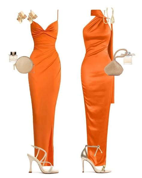 Orange Classy Outfits, Orange Classy Dress, Orange Dress Elegant, Orange Dresses Wedding, Colombia Wedding Guest Dress, Orange Soiree Dresses, Orange Elegant Dresses, Orange Dress Outfit Wedding Guest, Orange Dress Styling