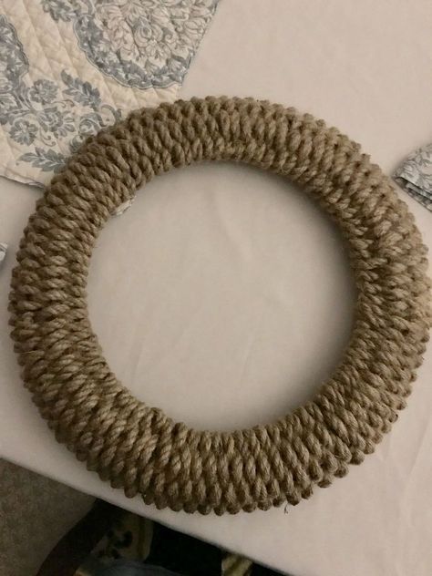 jute rope & wire wreath form...oh the possibilities Wreath With Metal Sign, Jute Rope Wreath Diy, Jute Wreath, Rope Wreaths, Rope Wreath Diy, Twine Wreath, Rope Wreath, Coffee Filter Wreath, Book Page Wreath