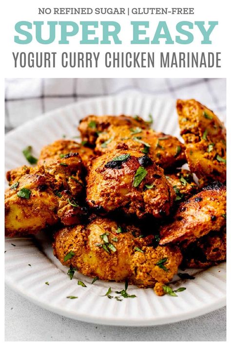 Add some flavour to your chicken with this delicious and healthy yogurt curry chicken marinade. Inspired by Indian cuisine, this Greek yogurt marinade helps to keep your chicken thighs incredibly tender and juicy and is so simple to prepare. Mild in spice, it’s kid-friendly, and perfect for meal prep or weeknight family meals! {gluten-free} Greek Yogurt Curry Sauce, Indian Yogurt Sauce, Curry Chicken Marinade, Greek Yogurt Marinade, Chicken Yogurt, Curry Chicken Thighs, Yogurt Curry, Yogurt Marinade, Greek Yogurt Chicken