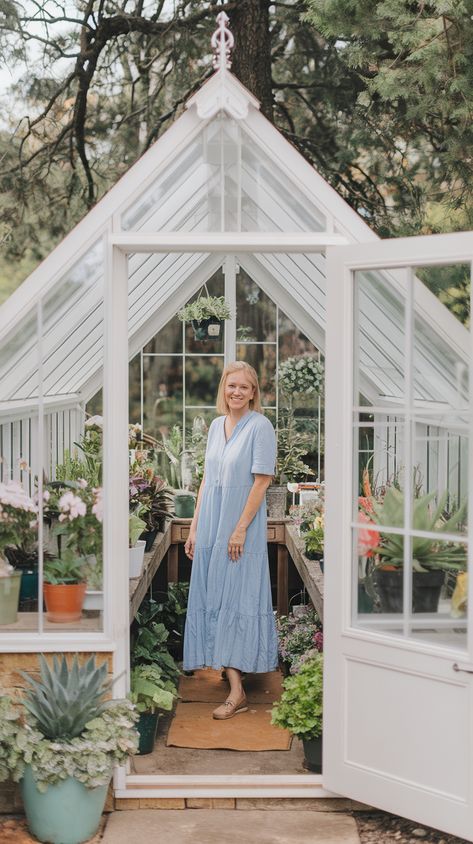 recycled window greenhouse with lots of plants and a lady in blue dress Recycled Window Greenhouse, Greenhouse From Old Windows, She Shed Greenhouse, Old Window Greenhouse, She Shed Ideas, Dream Greenhouse, Rustic Window Frame, Recycled Windows, Window Greenhouse