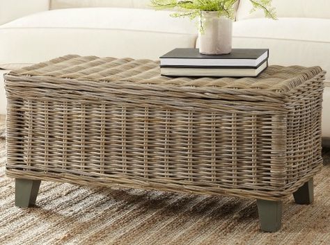 Inexpensive Coffee Table, Modern Coastal Living Room, Florida Decorating, Coffee Table Ideas, Coastal Style Decorating, Storage Coffee Table, Sunroom Decorating, Rattan Storage, Country Cottage Decor