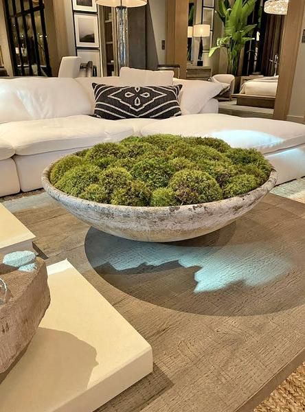 DIY Moss Bowl – Lollieandboo How To Make A Moss Planter, Bowl With Moss Centerpiece, Diy Moss Planter, Moss Coffee Table Decor, Moss In Planters, Styling Decorative Bowls, Moss Arrangements Decor, Dining Room Table Bowl Decor, Moss Bowl Coffee Table