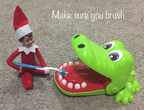 Elf on the Shelf and Crocodile Dentist Dental Elf On The Shelf Ideas, Elf On The Shelf Zipline, Elf On The Shelf Names, Dentist Ideas, Crocodile Dentist, Dental Ideas, Funny Monday, Dental Assisting, Shelf Office