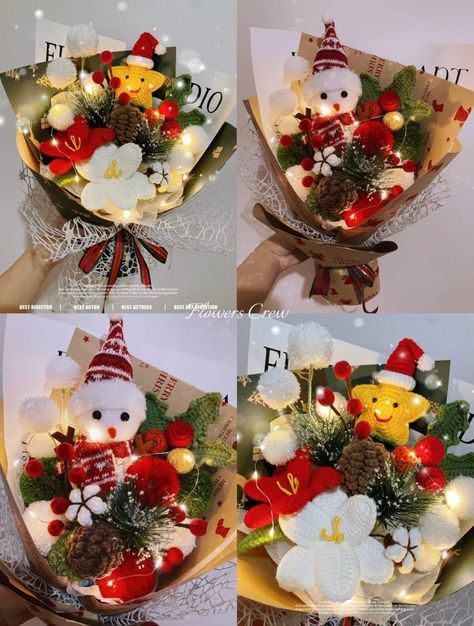 Crochet Christmas Flower Bouquet, Christmas Crochet Flower Bouquet, Small Christmas Bouquet, Crochet Christmas Bouquet, Christmas Crochet Bouquet, Pretty Flower Names, Crochet Bouquets, Ribbon Flowers Bouquet, Kid Christmas