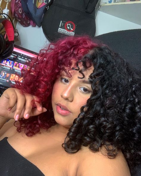 Medium Length Curly Hair Dyed, Peekaboo Highlights Curly Hair, Dred Locks, Natural Hair Bangs, Crazy Curly Hair, Red Hair Color Shades, Hair Color Placement, Half Dyed Hair, Magenta Hair