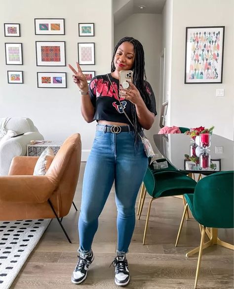 Went to the Texans game last weekend in this look! I love this cropped tee! It comes in the names/colors of many different teams! I sized up so I’m wearing an XL. #founditonamazon Sized down in the @walmartfashion jeans (wearing a 10) Graphic t-shirt, skinny jeans, denim, high waisted jeans, cropped t-shirt #LTKstyletip#LTKSeasonal#LTKcurves Denim High Waisted Jeans, Running Errands Outfit, Errands Outfit, Game Outfit, Football Game Outfit, Nfl Teams Logos, Jeans Cropped, Gameday Outfit, Black Women Fashion