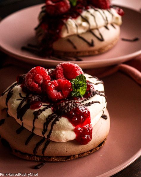 Individual Chocolate Raspberry Pavlovas Recipe - Pink Haired Pastry Chef Individual Pavlova, Raspberry Pastry, Raspberry Custard, Raspberry Panna Cotta, Raspberry Pavlova, Raspberry Compote, Chocolate Pavlova, Chocolate Meringue, French Chocolate