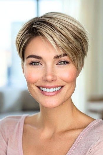 Save this pin for the best pixie hairstyles for women over 40. Sleek, straight lines create a sharp, defined shape, while the contrast of dark roots adds depth and dimension to this pretty pixie. Bottom line: this pixie is simple yet impactful. Blond Pixie, Dark Blond, Grown Out Pixie, Wavy Pixie, Asymmetrical Pixie, Hair Advice, Bright Blonde, Pixie Styles, Hair Haircuts